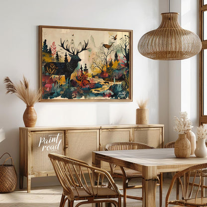 This richly detailed and fantastical artwork portrays a majestic stag standing within a vibrant, al… for dining room
