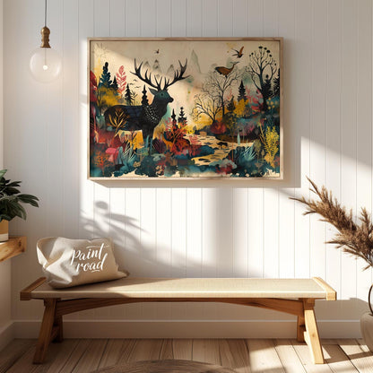 This richly detailed and fantastical artwork portrays a majestic stag standing within a vibrant, al… for entryway