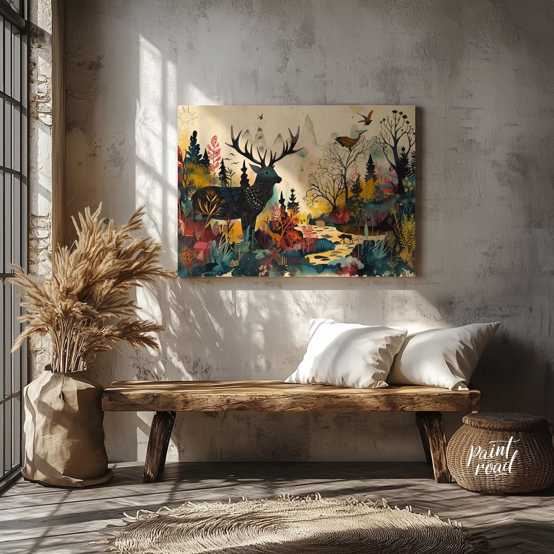 This richly detailed and fantastical artwork portrays a majestic stag standing within a vibrant, al… for entryway