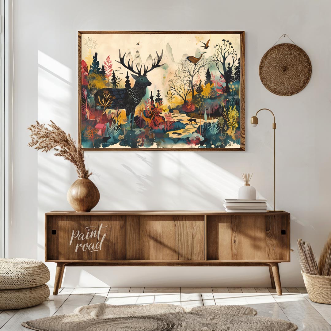 This richly detailed and fantastical artwork portrays a majestic stag standing within a vibrant, al… for living room