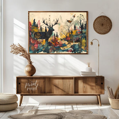 This richly detailed and fantastical artwork portrays a majestic stag standing within a vibrant, al… for living room
