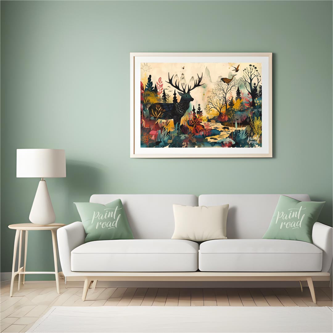 This richly detailed and fantastical artwork portrays a majestic stag standing within a vibrant, al… for living room
