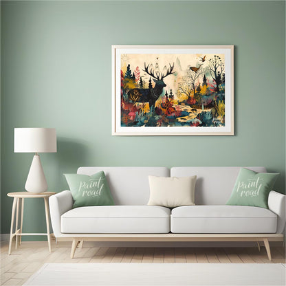 This richly detailed and fantastical artwork portrays a majestic stag standing within a vibrant, al… for living room