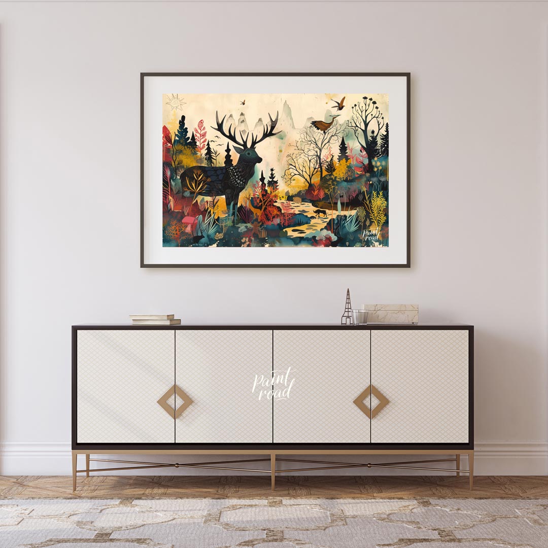 This richly detailed and fantastical artwork portrays a majestic stag standing within a vibrant, al… for living room