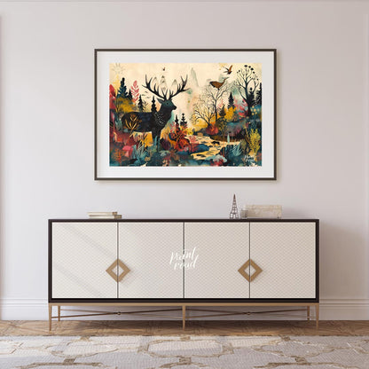 This richly detailed and fantastical artwork portrays a majestic stag standing within a vibrant, al… for living room