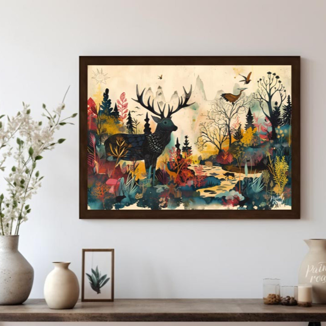 This richly detailed and fantastical artwork portrays a majestic stag standing within a vibrant, al… for living room