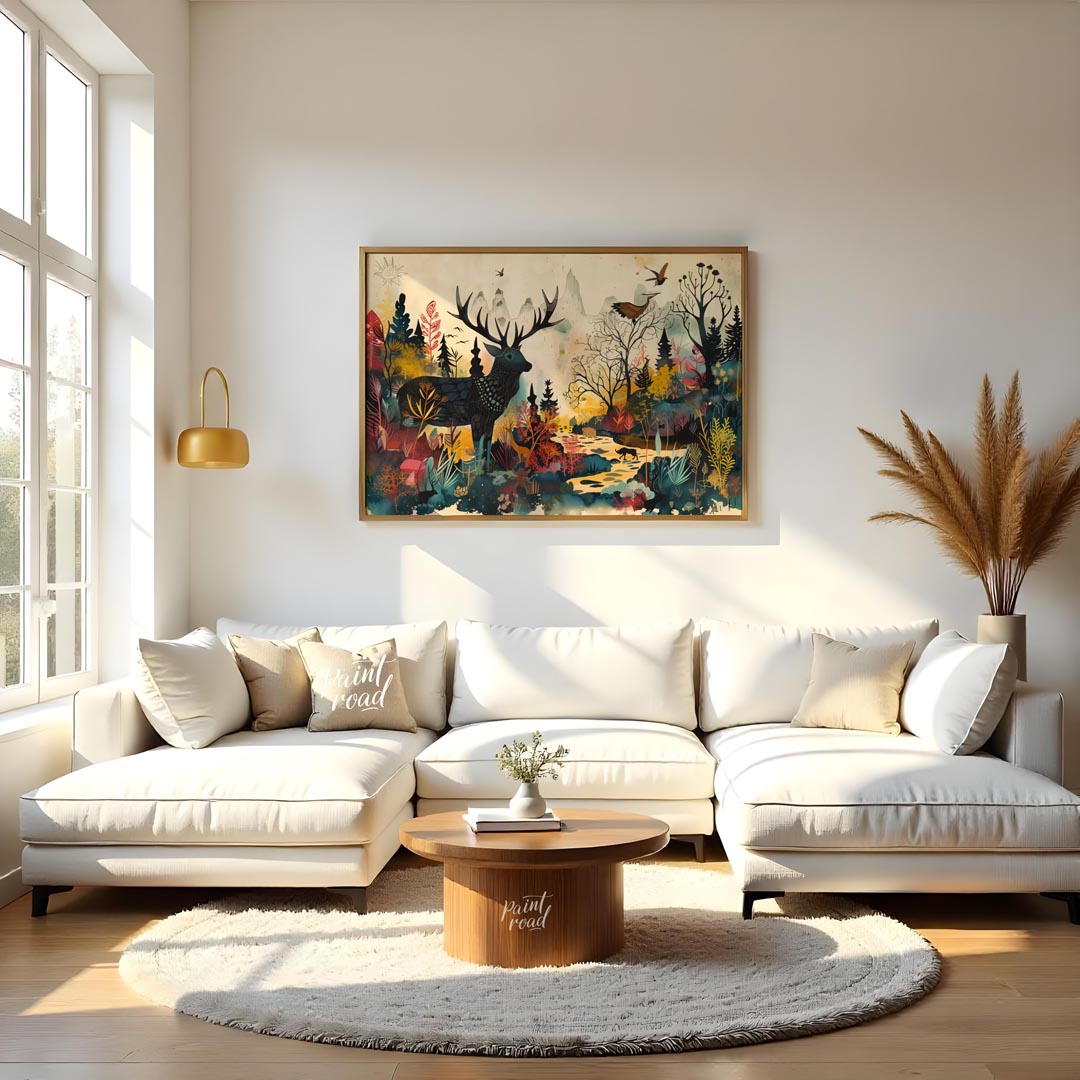 This richly detailed and fantastical artwork portrays a majestic stag standing within a vibrant, al… for living room
