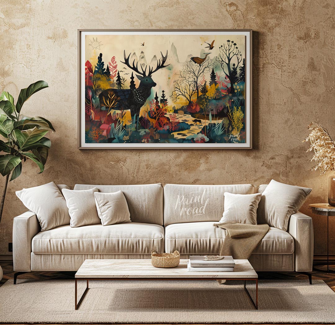 This richly detailed and fantastical artwork portrays a majestic stag standing within a vibrant, al… for living room