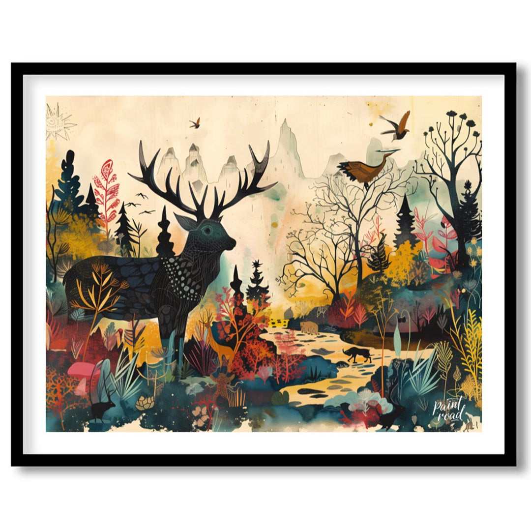 This richly detailed and fantastical artwork portrays a majestic stag standing within a vibrant, al… for room