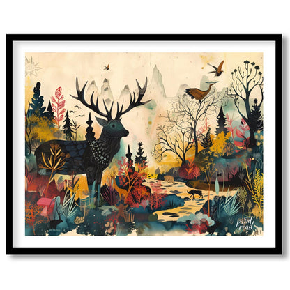 This richly detailed and fantastical artwork portrays a majestic stag standing within a vibrant, al… for room