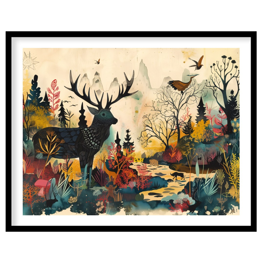 This richly detailed and fantastical artwork portrays a majestic stag standing within a vibrant, al… for room