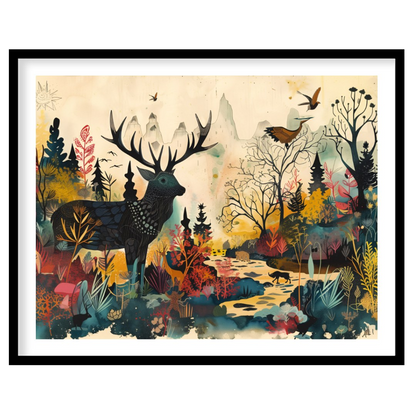 This richly detailed and fantastical artwork portrays a majestic stag standing within a vibrant, al… for room