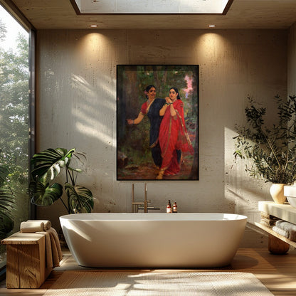 Immerse yourself in the rich tapestry of tradition with this captivating artwork. Featuring two for Bathroom