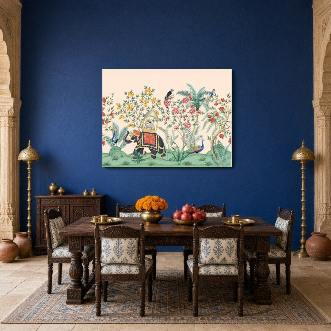 Immerse yourself in the enchanting world of Pichwai with this exquisite artwork, showcasing a for Dining