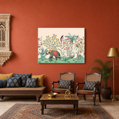 Immerse yourself in the enchanting world of Pichwai with this exquisite artwork, showcasing a for Sitting Area