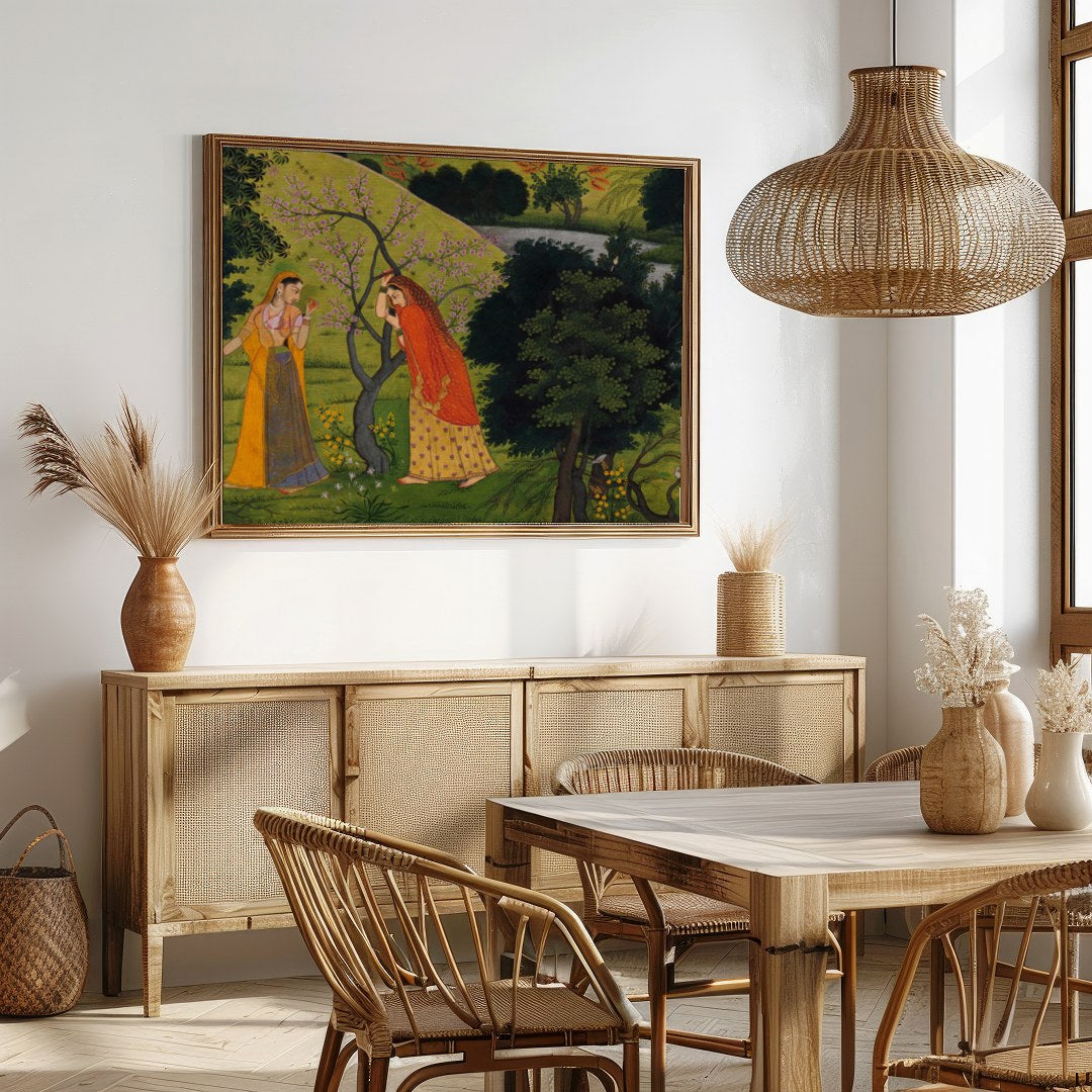 Dive into a serene landscape with 'Enchanted Garden Encounter', a captivating piece that draws for Dining
