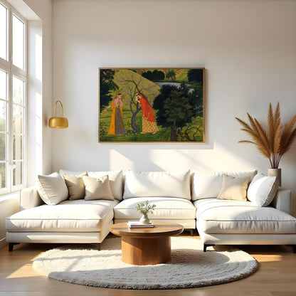 Dive into a serene landscape with 'Enchanted Garden Encounter', a captivating piece that draws for Living Room