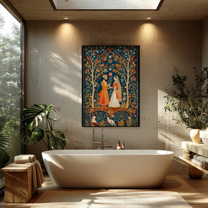 Discover the timeless allure of this exquisite artwork depicting a harmonious moment in a lush, for Bathroom