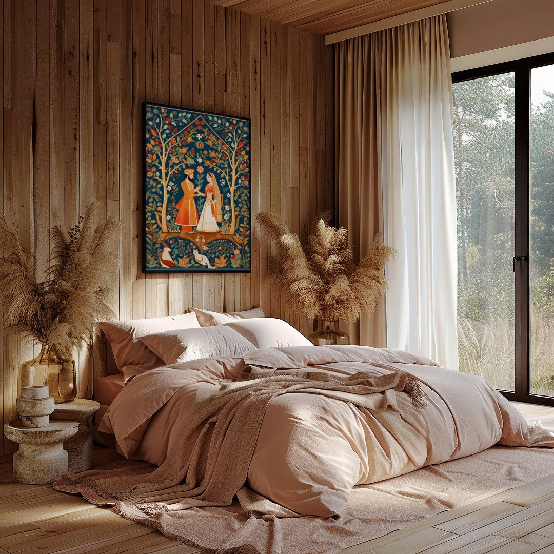 Discover the timeless allure of this exquisite artwork depicting a harmonious moment in a lush, for Bedroom