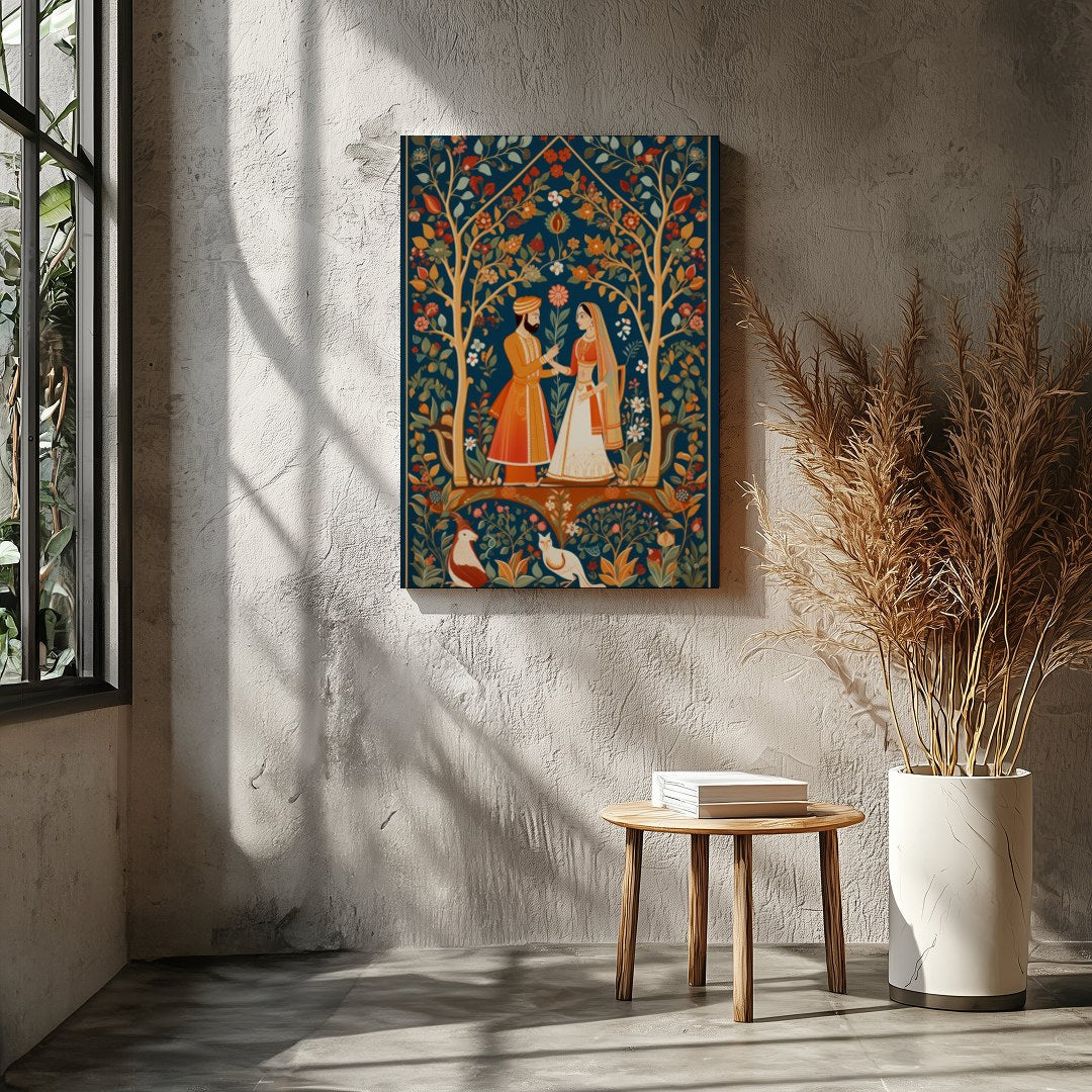Discover the timeless allure of this exquisite artwork depicting a harmonious moment in a lush, for Entrance
