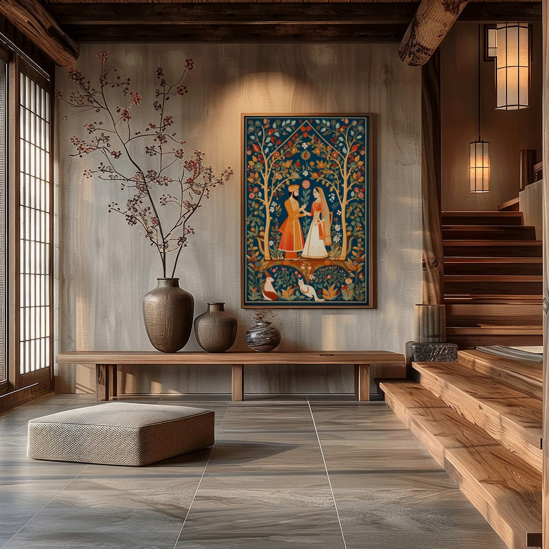 Discover the timeless allure of this exquisite artwork depicting a harmonious moment in a lush, for Hall