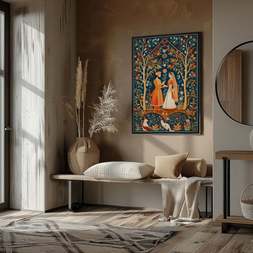 Discover the timeless allure of this exquisite artwork depicting a harmonious moment in a lush, for house