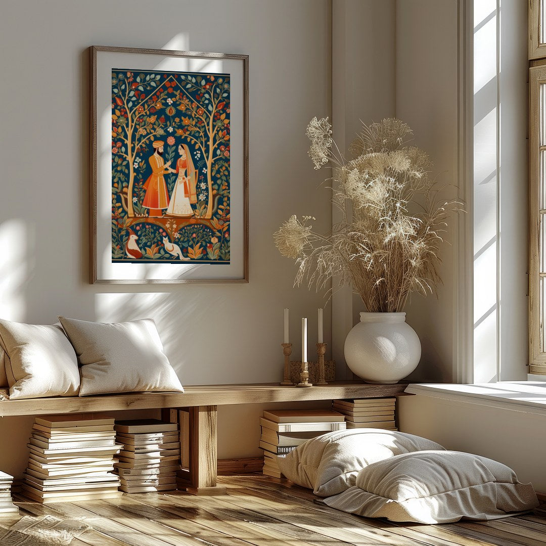 Discover the timeless allure of this exquisite artwork depicting a harmonious moment in a lush, for residence