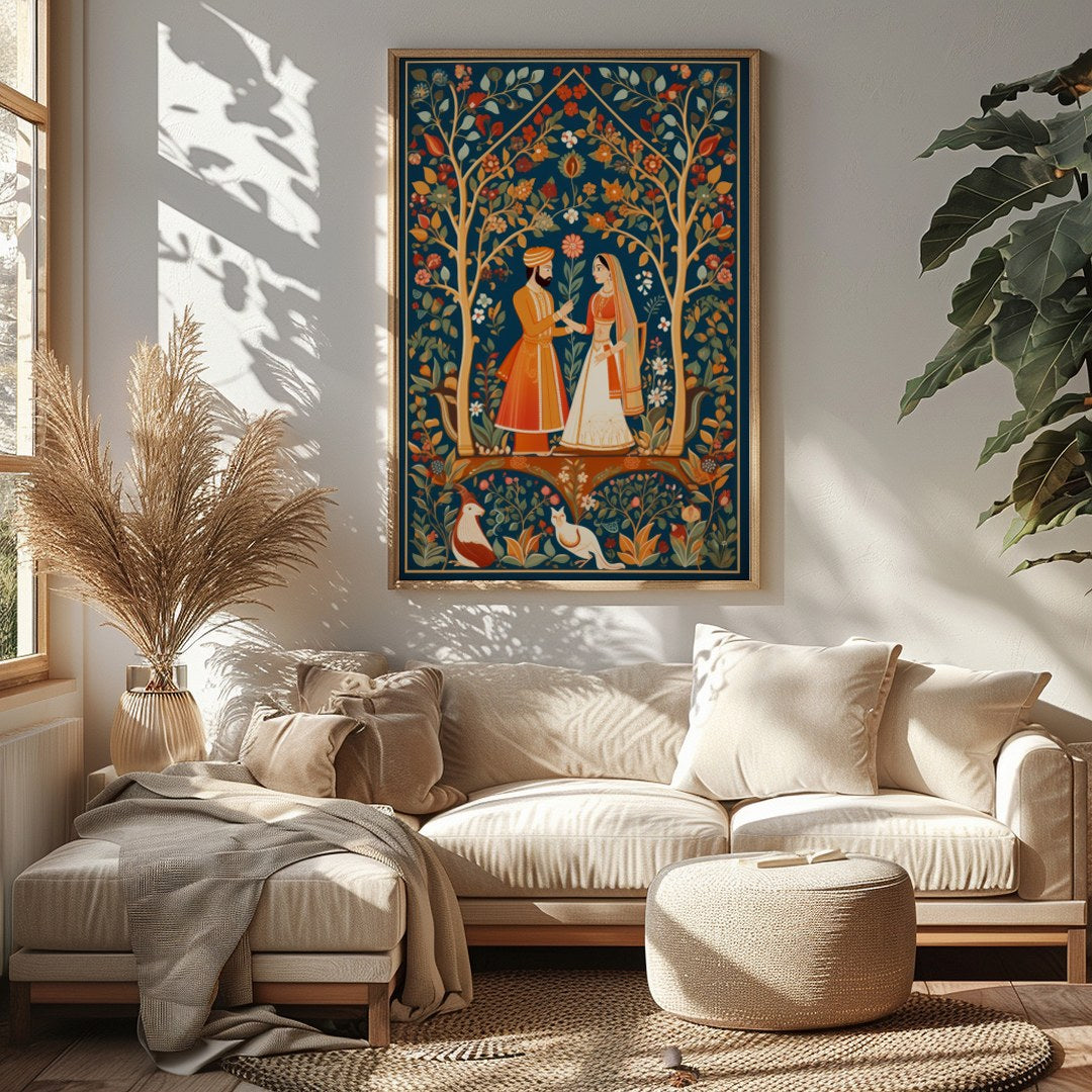 Discover the timeless allure of this exquisite artwork depicting a harmonious moment in a lush, for Sitting Area