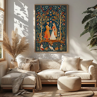 Discover the timeless allure of this exquisite artwork depicting a harmonious moment in a lush, for Sitting Area