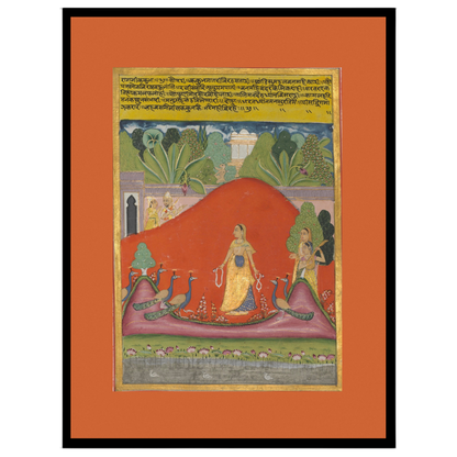 This captivating Ragamala artwork captures a serene lady standing amongst vibrant peacocks in a for abode