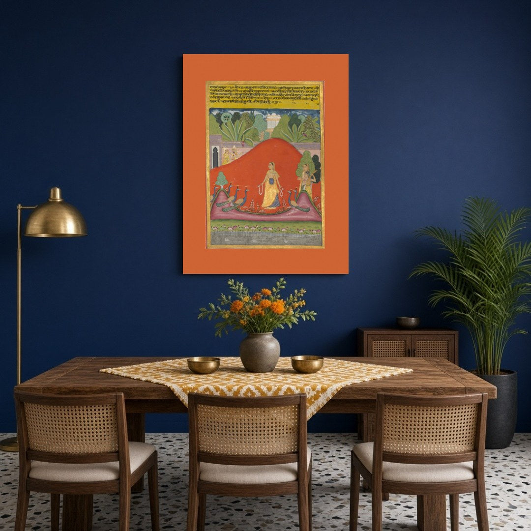 This captivating Ragamala artwork captures a serene lady standing amongst vibrant peacocks in a for Dining
