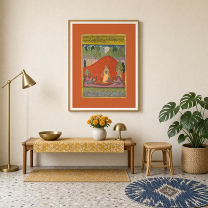 This captivating Ragamala artwork captures a serene lady standing amongst vibrant peacocks in a for Entrance