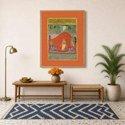 This captivating Ragamala artwork captures a serene lady standing amongst vibrant peacocks in a for Hallway