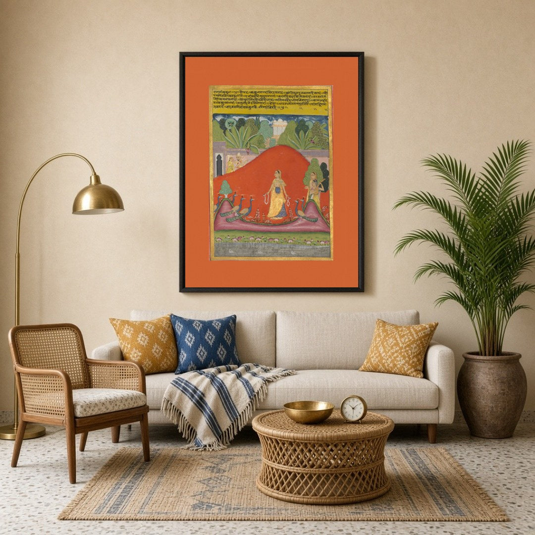 This captivating Ragamala artwork captures a serene lady standing amongst vibrant peacocks in a for Living Room