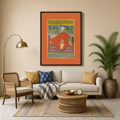 This captivating Ragamala artwork captures a serene lady standing amongst vibrant peacocks in a for Living Room