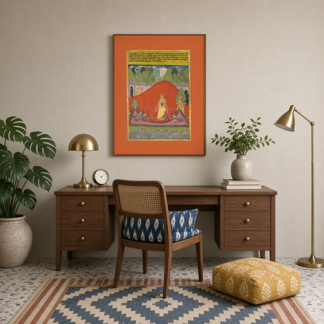 This captivating Ragamala artwork captures a serene lady standing amongst vibrant peacocks in a for Study