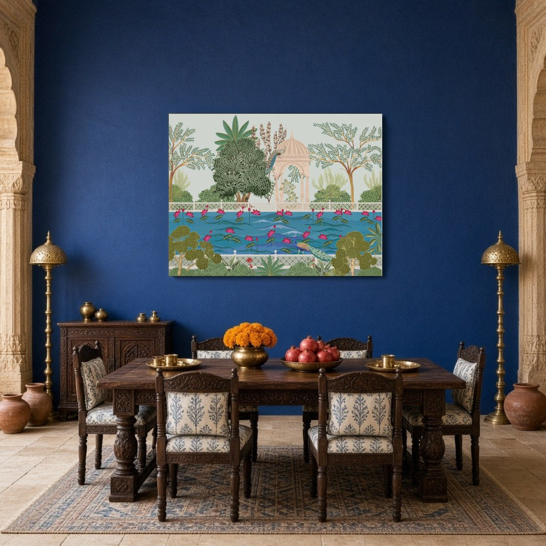 This captivating Pichwai artwork immerses you in a serene garden scene surrounding Krishna's for Dining