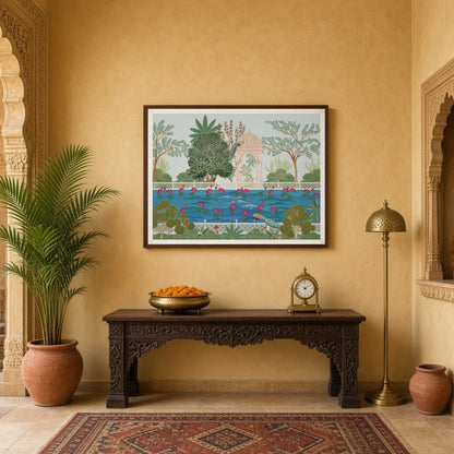 This captivating Pichwai artwork immerses you in a serene garden scene surrounding Krishna's for Entrance