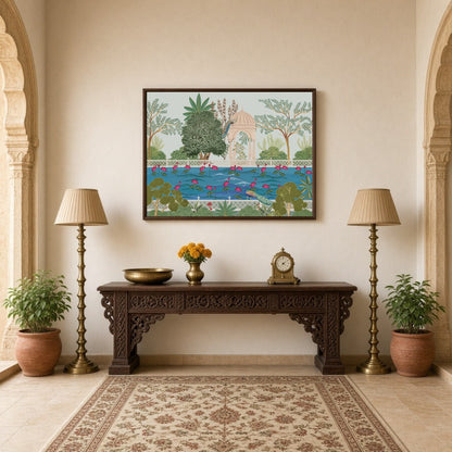 This captivating Pichwai artwork immerses you in a serene garden scene surrounding Krishna's for Hallway