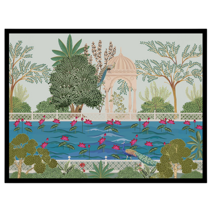 This captivating Pichwai artwork immerses you in a serene garden scene surrounding Krishna's for house