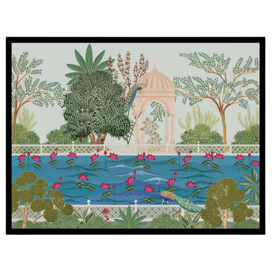 This captivating Pichwai artwork immerses you in a serene garden scene surrounding Krishna's for house