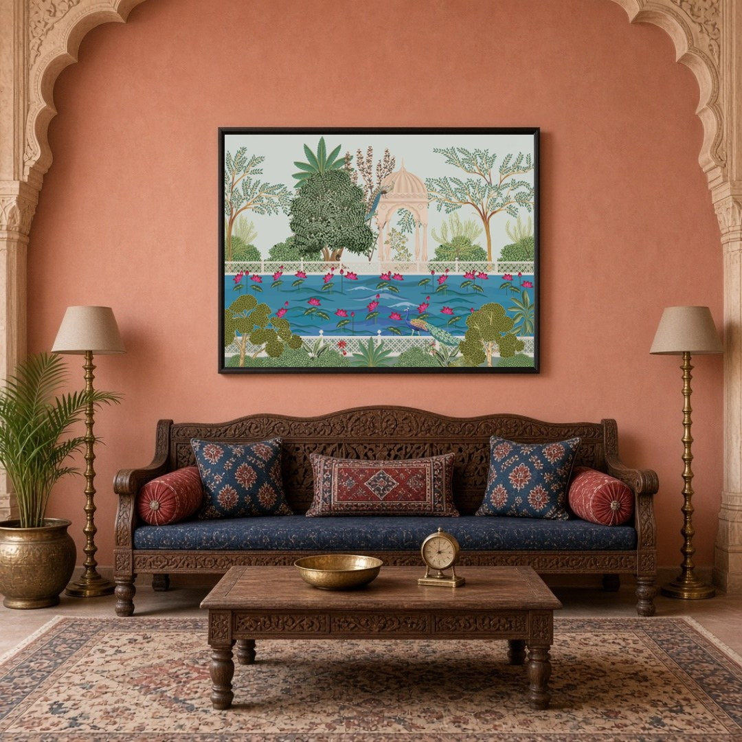 This captivating Pichwai artwork immerses you in a serene garden scene surrounding Krishna's for Living Room
