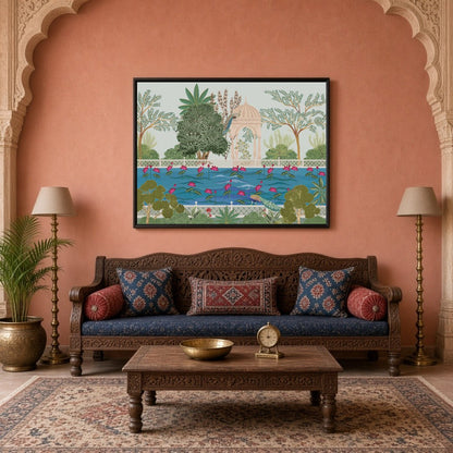 This captivating Pichwai artwork immerses you in a serene garden scene surrounding Krishna's for Living Room