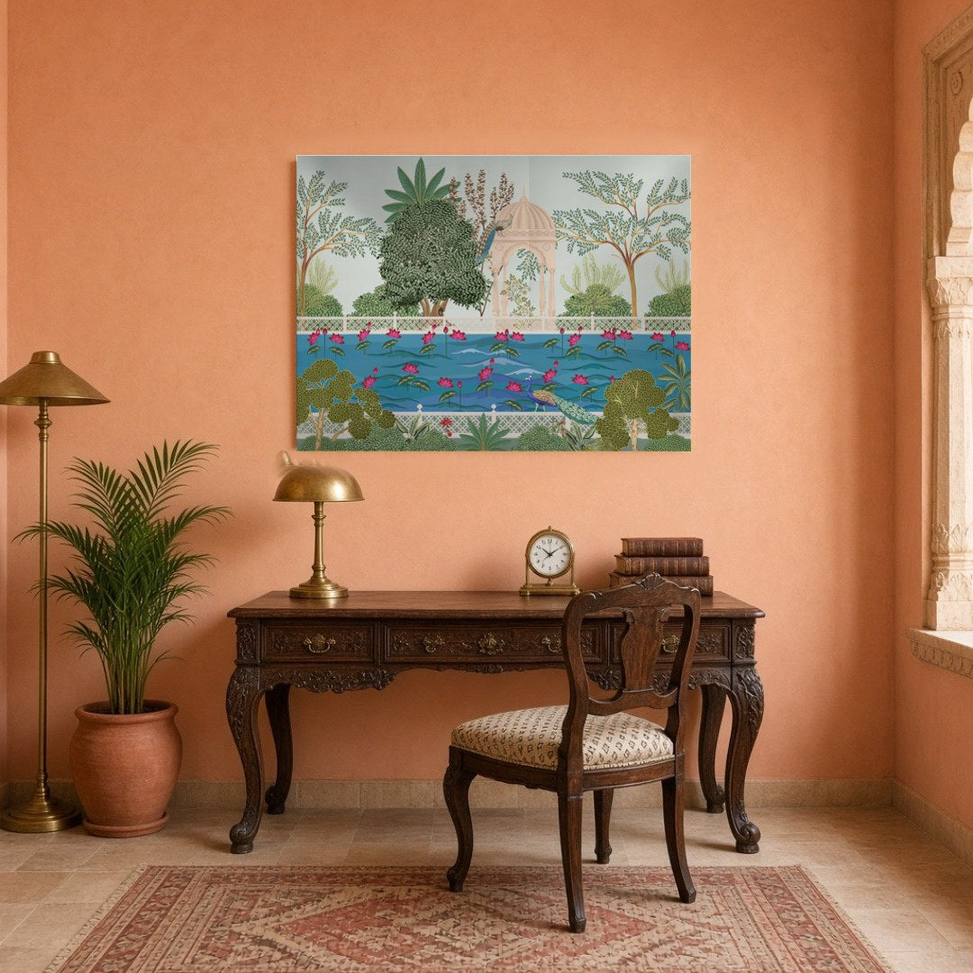 This captivating Pichwai artwork immerses you in a serene garden scene surrounding Krishna's for Study