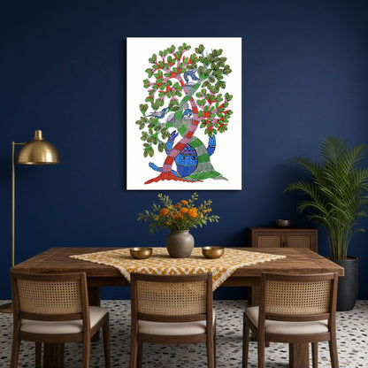 Immerse yourself in the vibrant world of Gond art with this captivating 'Enchanted Life Tree' for Dining
