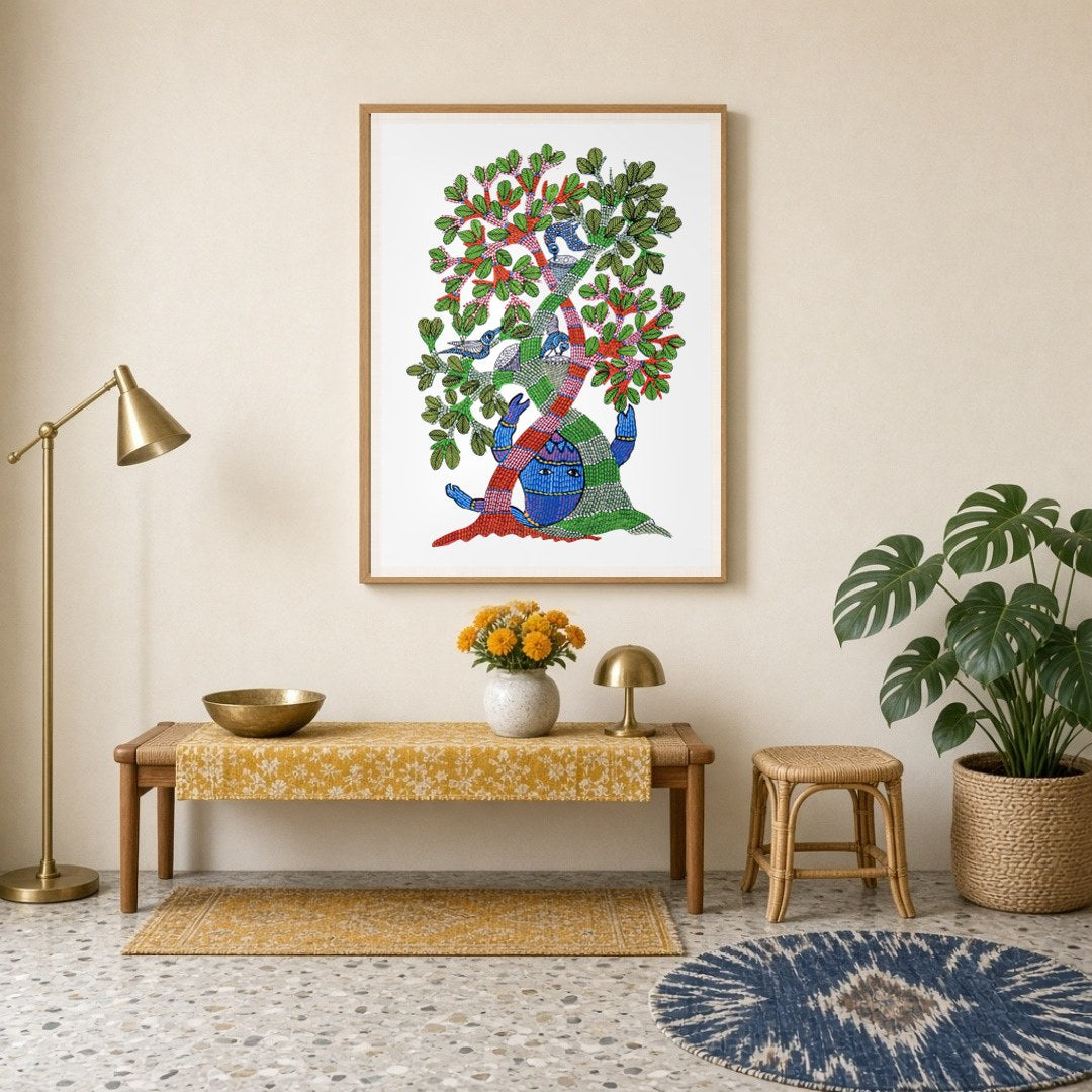 Immerse yourself in the vibrant world of Gond art with this captivating 'Enchanted Life Tree' for Entrance