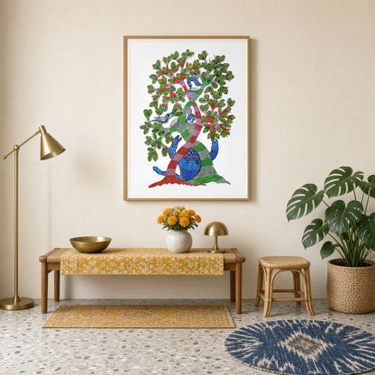 Immerse yourself in the vibrant world of Gond art with this captivating 'Enchanted Life Tree' for Entrance
