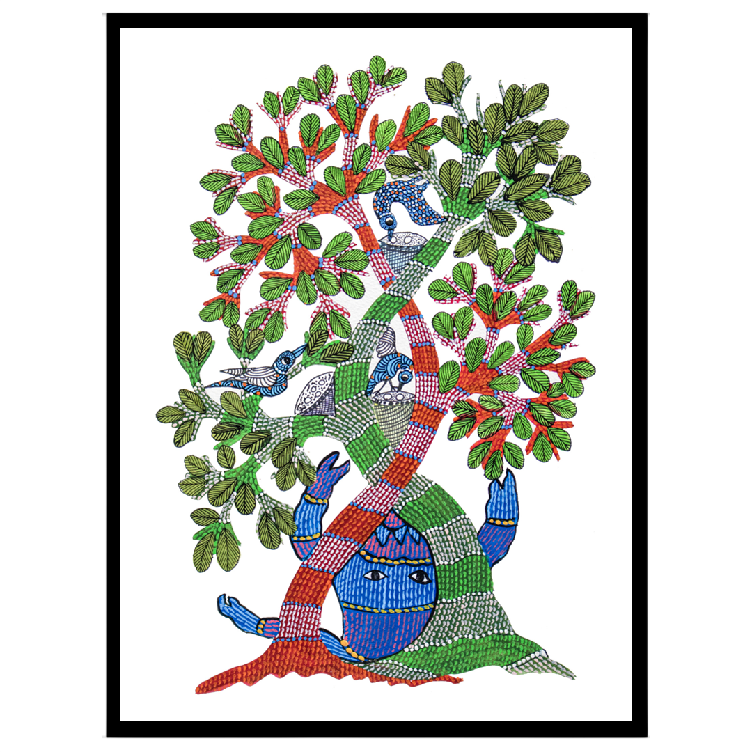 Immerse yourself in the vibrant world of Gond art with this captivating 'Enchanted Life Tree' for hallway