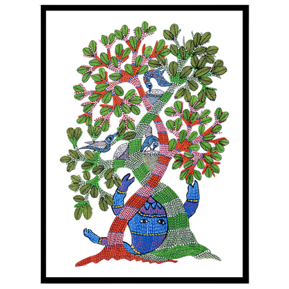 Immerse yourself in the vibrant world of Gond art with this captivating 'Enchanted Life Tree' for hallway