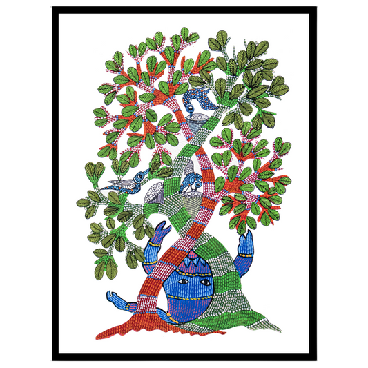 Immerse yourself in the vibrant world of Gond art with this captivating 'Enchanted Life Tree' for hallway